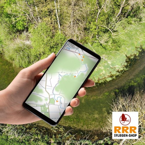 zu sehen ist ein Handy in einer Hand mit einer Landkarte auf dem Screen