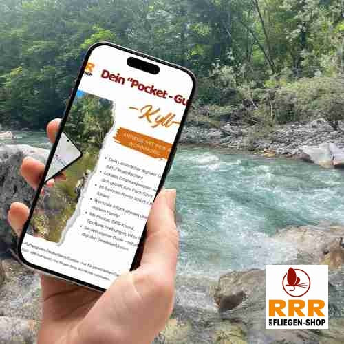 Gezeigt wird ein Mockup einer Darstellung des Pocketguides bestehend aus Hand und Smartphone vor einem fließendem Bach.