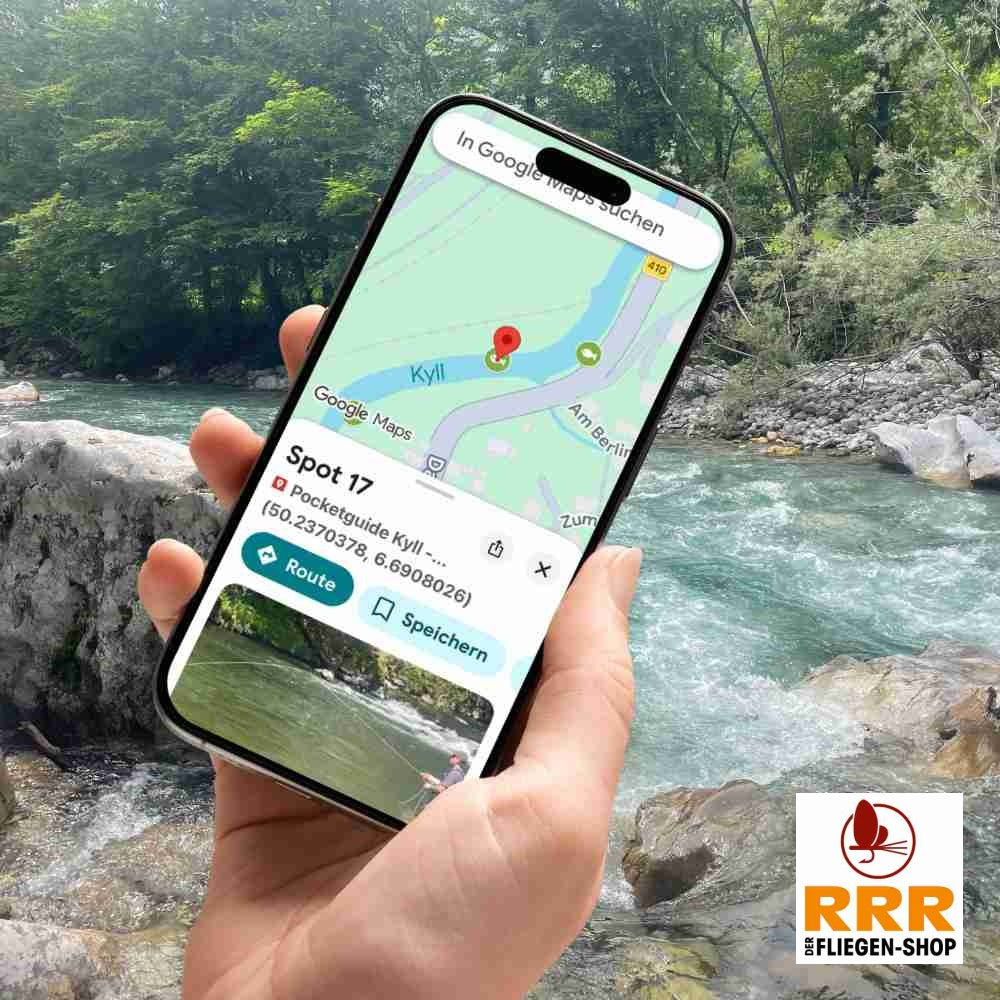 Gezeigt wird ein Mockup einer Darstellung des Pocketguides bestehend aus Hand und Smartphone vor einem fließendem Bach.