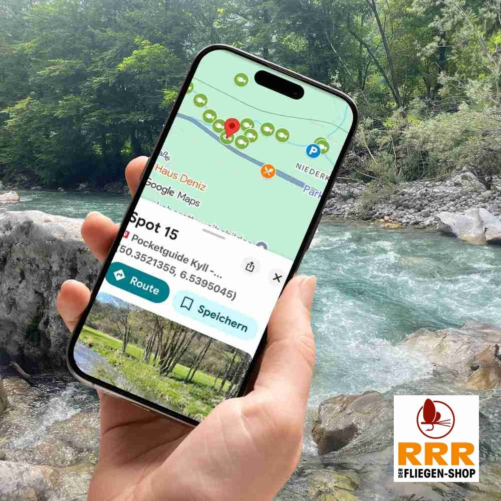 Gezeigt wird ein Mockup einer Darstellung des Pocketguides bestehend aus Hand und Smartphone vor einem fließendem Bach.