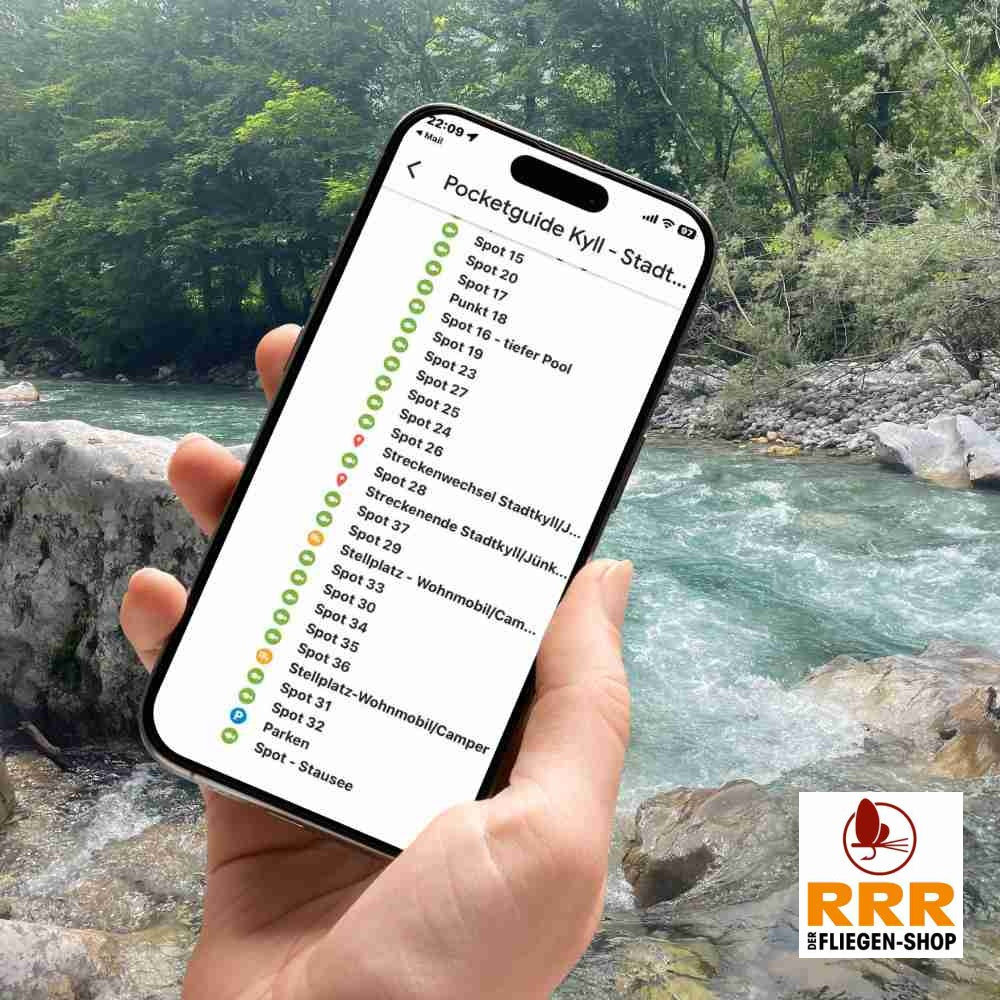 Gezeigt wird ein Mockup einer Darstellung des Pocketguides bestehend aus Hand und Smartphone vor einem fließendem Bach.